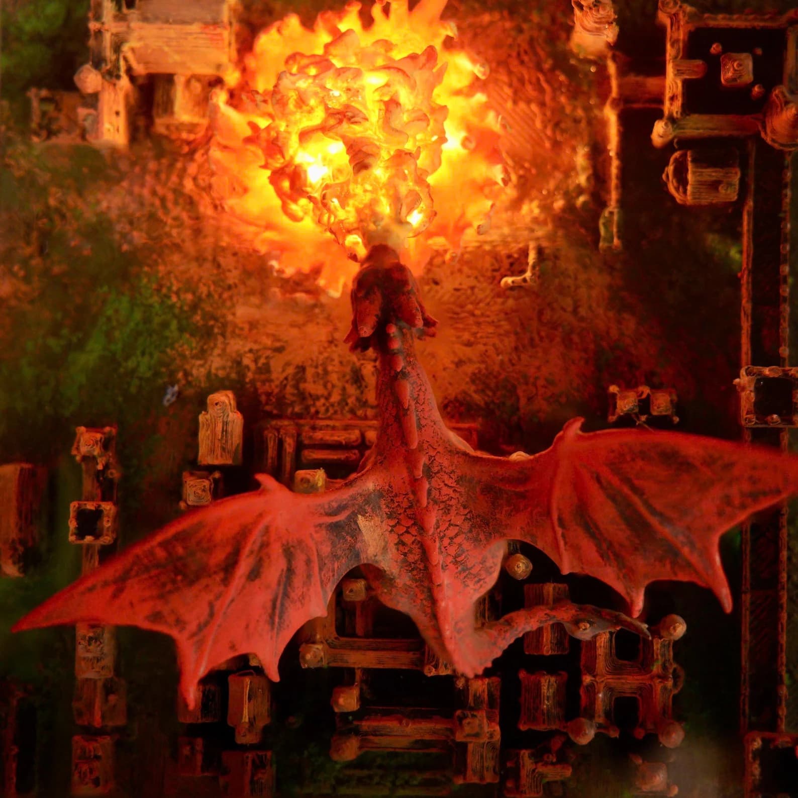 Dragon Breathing Fire on City, Fantasy Dragon Lamp – Resin & Wood Night Light – Fire Dragon Attacking City Gift for him 7