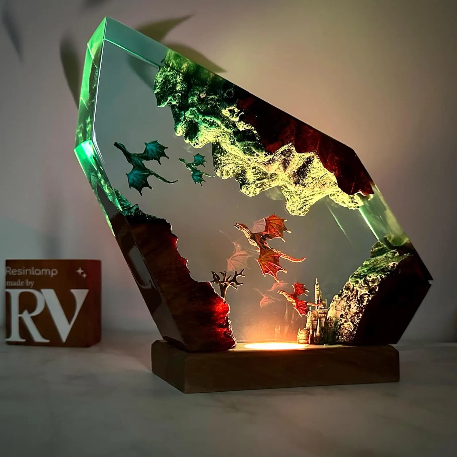 Handmade Fire and Ice Dragon Lamp: 3D Resin Wood Home Decor, Lighting Home Decor, Valentines Day gift, Christmas gift, Fantasy Decor 3