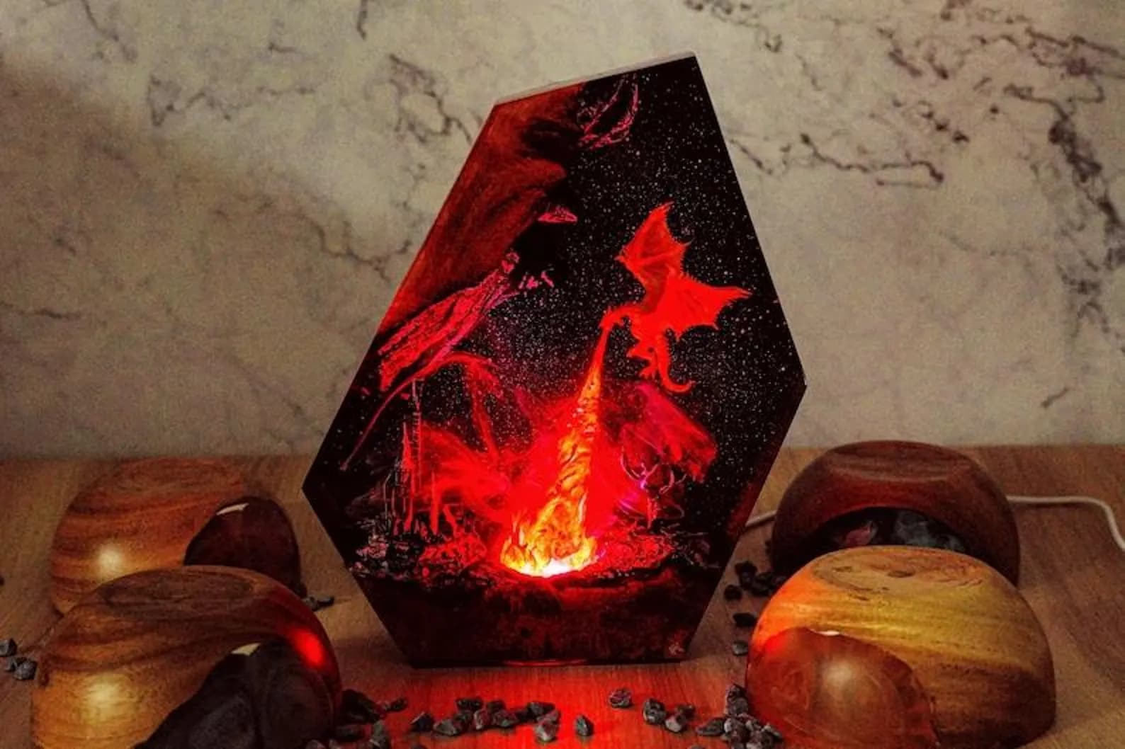 PREMIUM Fire Dragon Resin Lamp, Handmade Fantasy Diorama Light with LED Flames, Dragon Gift for RPG Fantasy Fans, Unique Xmas Gift For Kid 12