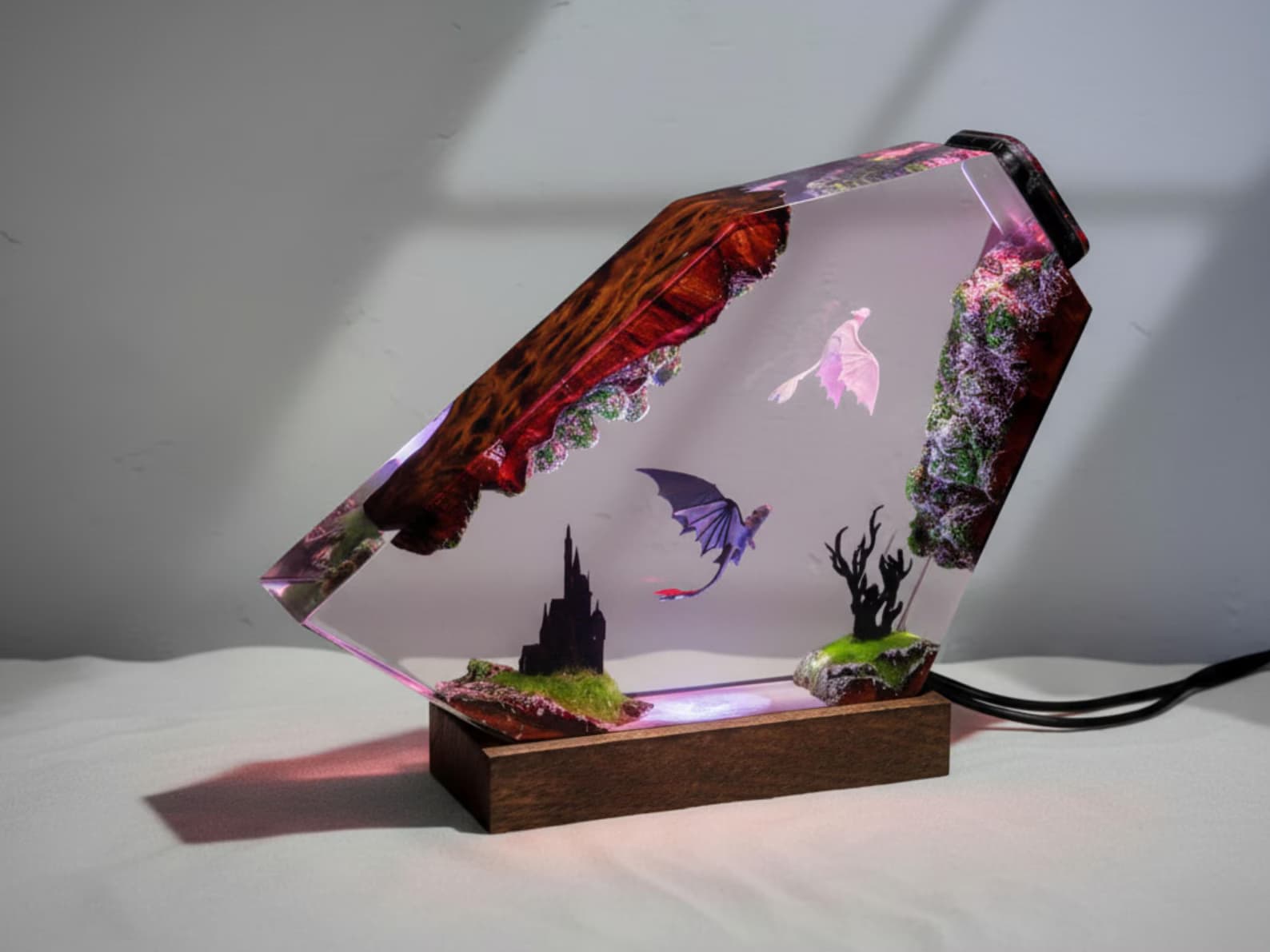 Fantasy Dragon Resin Lamp – Handmade LED Light with Flying Dragons and Castle Scene 5