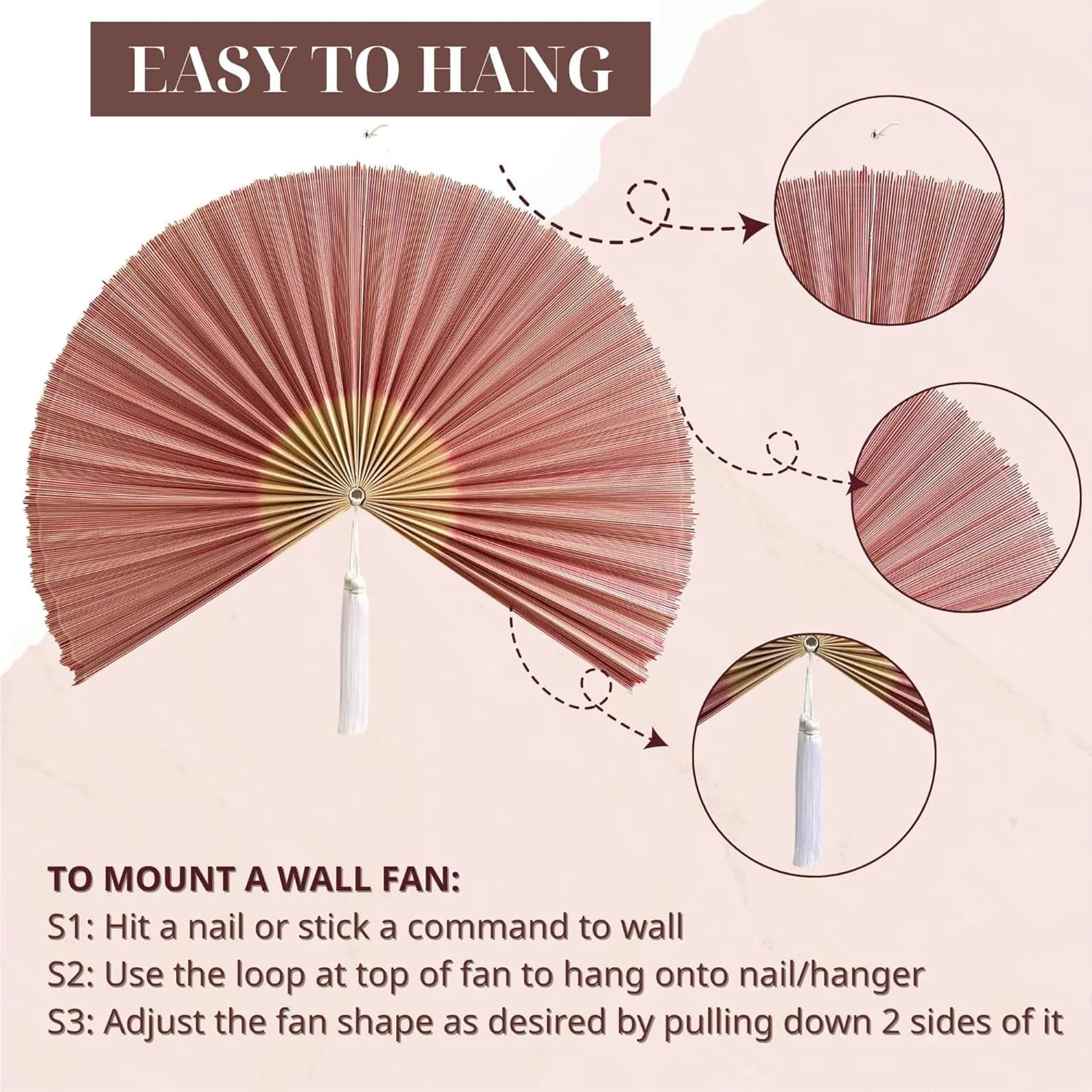 Light Pink Bamboo Wall Hanging Fan 11