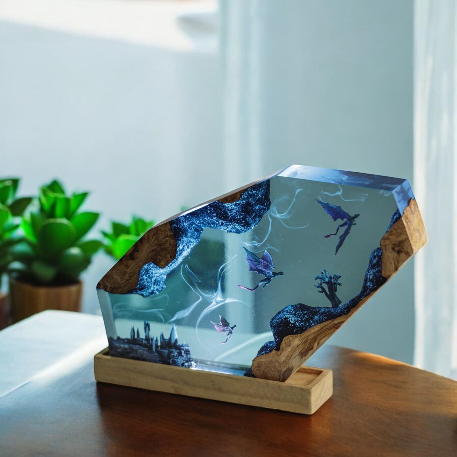 Handmade Dragon Resin Lamp: Asian Decor, Wood Base 10