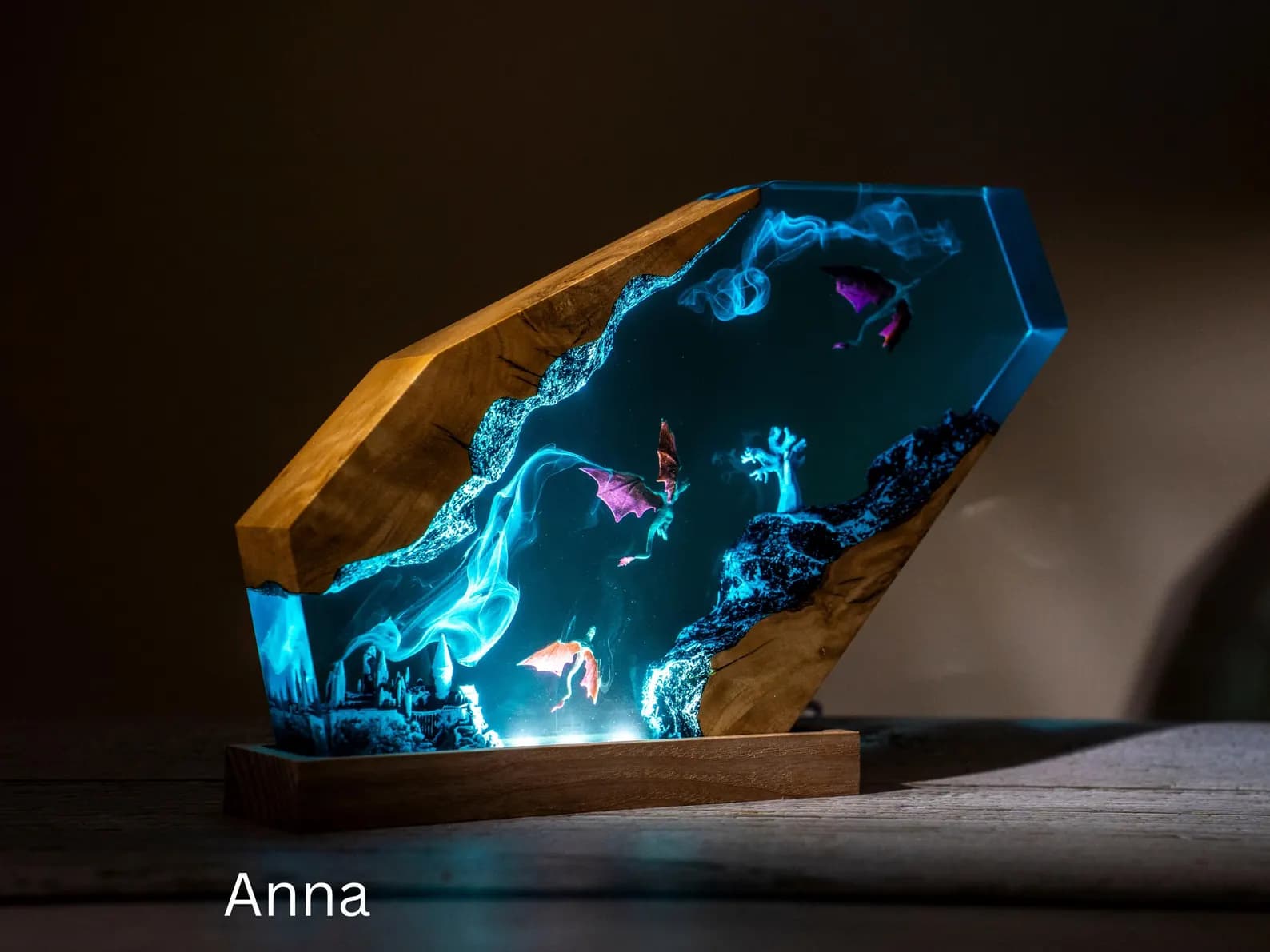 Dragon Resin Night Light: RGB LED Lamp, Wood Base 5