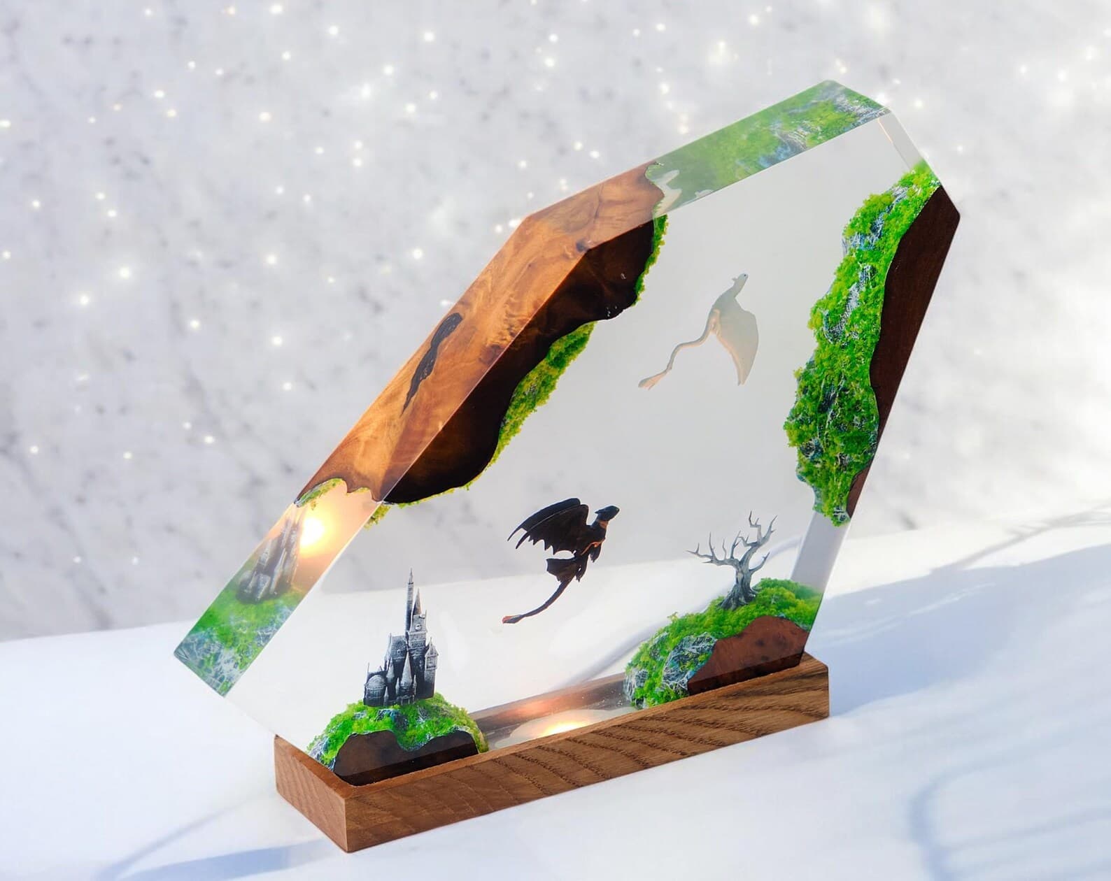 handmade dragon resin lamp, epoxy wood night light, fantasy bedroom decor, custom resin lamp gift, unique collectible lamp for dragon fans 10