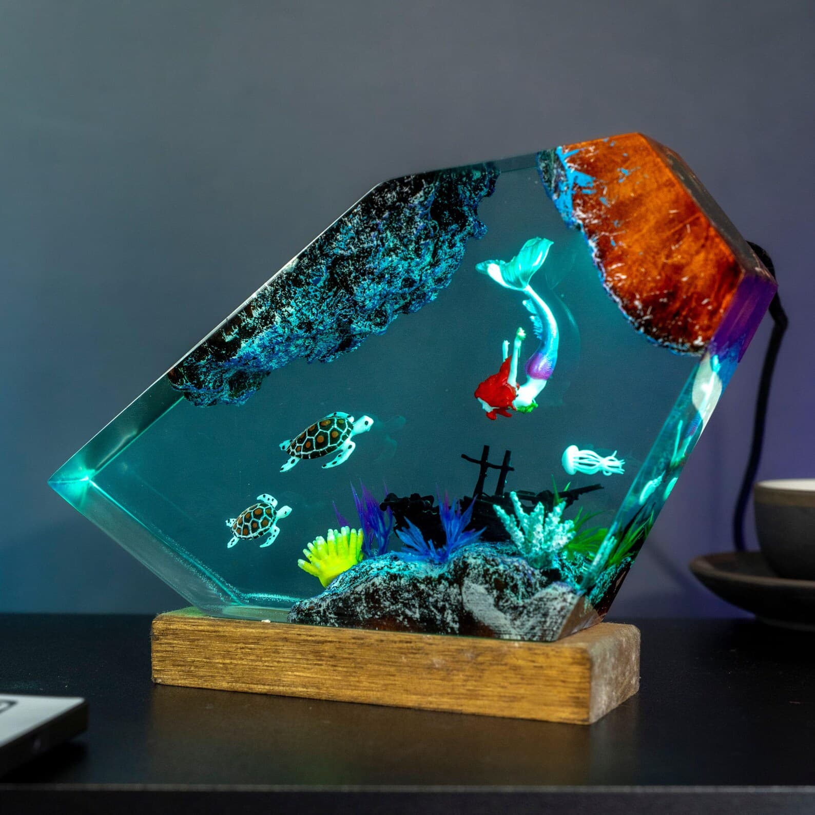 Mermaid Resin Lamp with Sea Turtles and Coral, Ocean Night Light Acrylic Art, Handmade Underwater Decor Gift for Kids and Ocean Lovers 12
