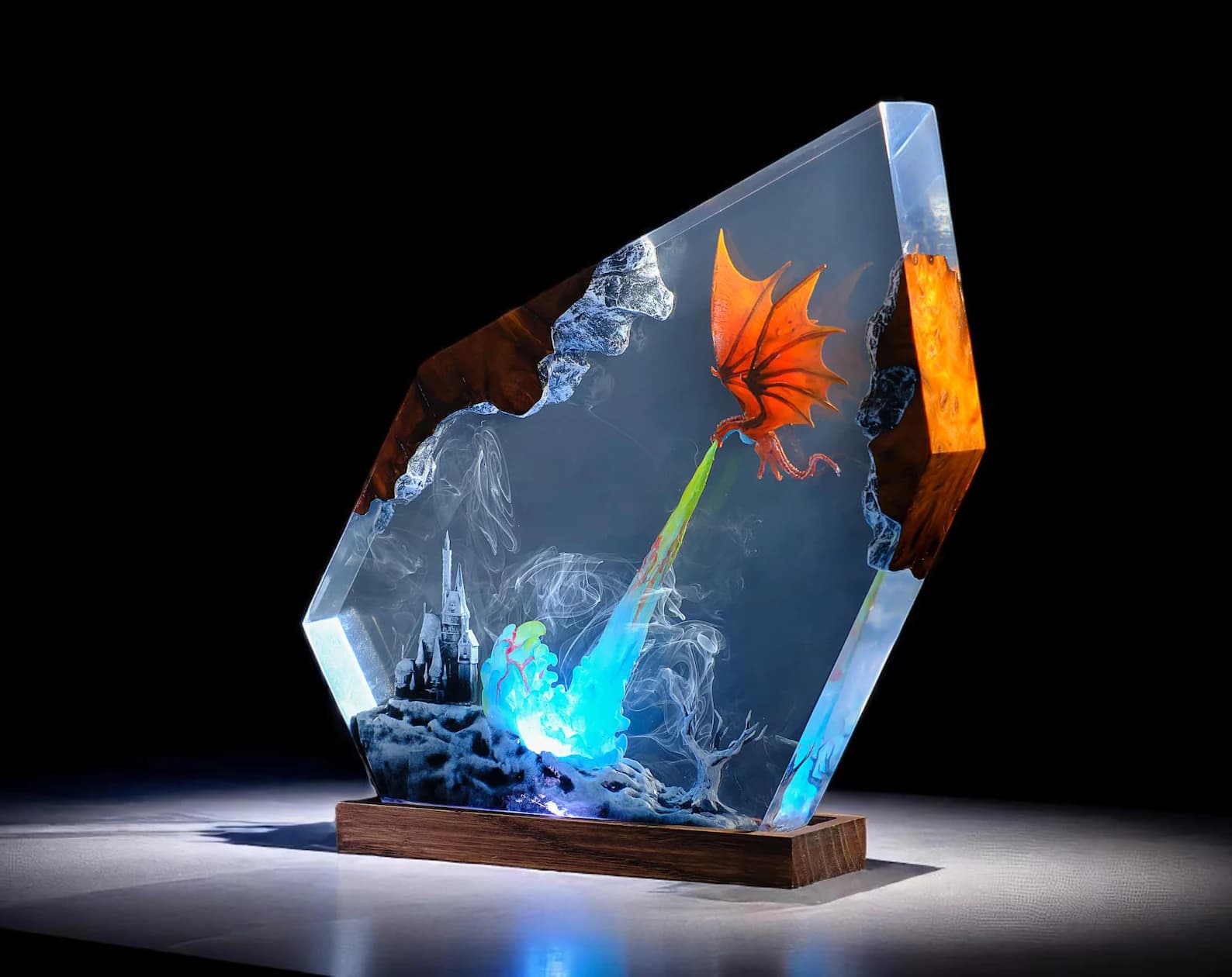 Lamp Dragon Resin Epoxy Wood, Epoxy Resin Lamp, Art Deco Diorama Lamp, Light Fury Lamp, Unique Handmade Gift for him, Fathers Day Gift 3