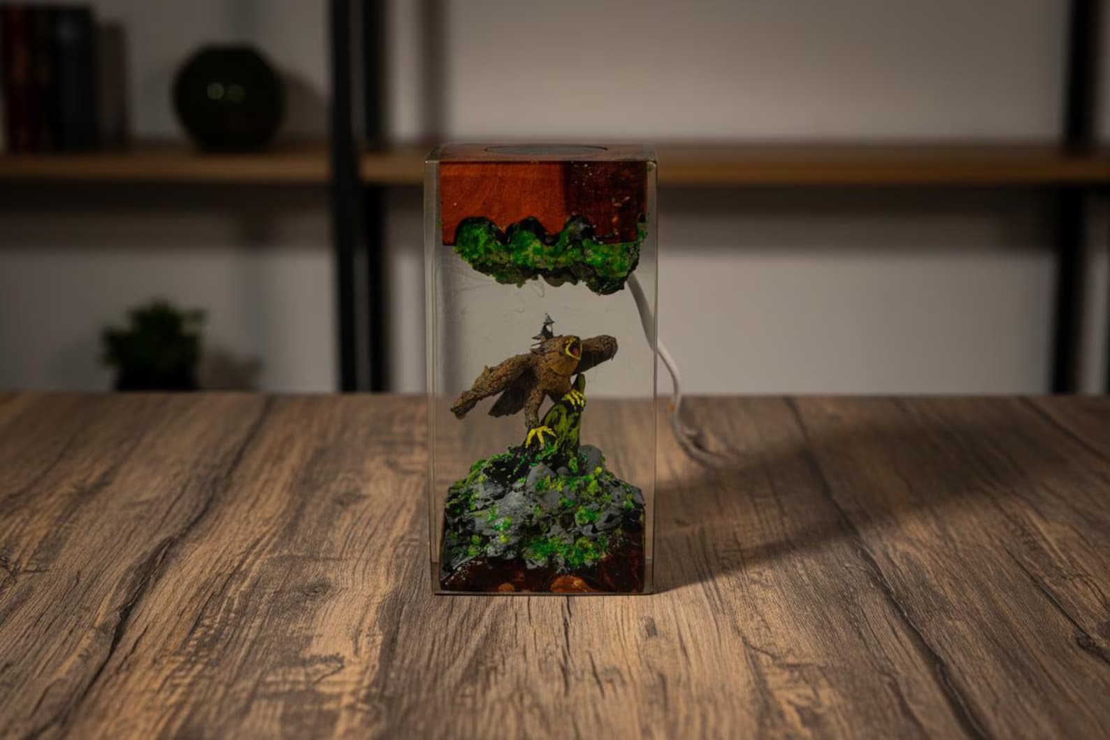 Dragon Sculpture Night Light, Handcrafted Epoxy Resin & Wood Diorama, Unique Geek Gift, Mythological Creature Art Lamp 2