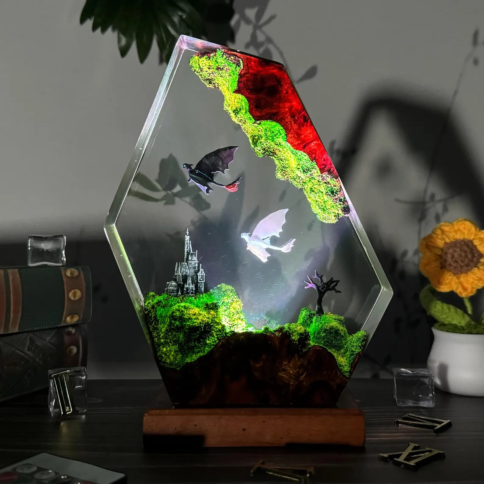 Fantasy Dragon Resin Lamp • LED Crystal Night Light with Castle & Flying Dragons • Handmade Art Decor 7