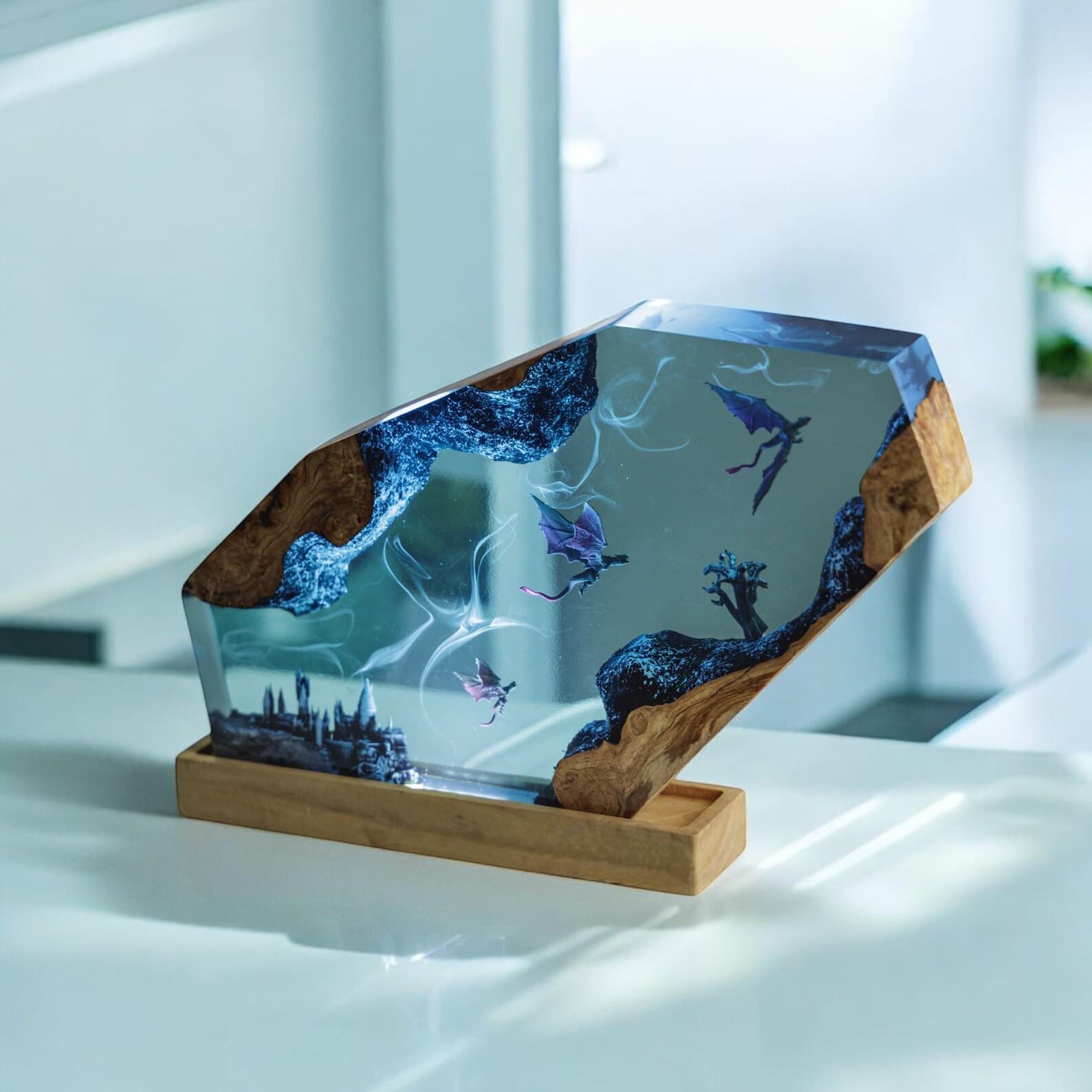 Handmade Dragon Resin Lamp: Asian Decor, Wood Base 8