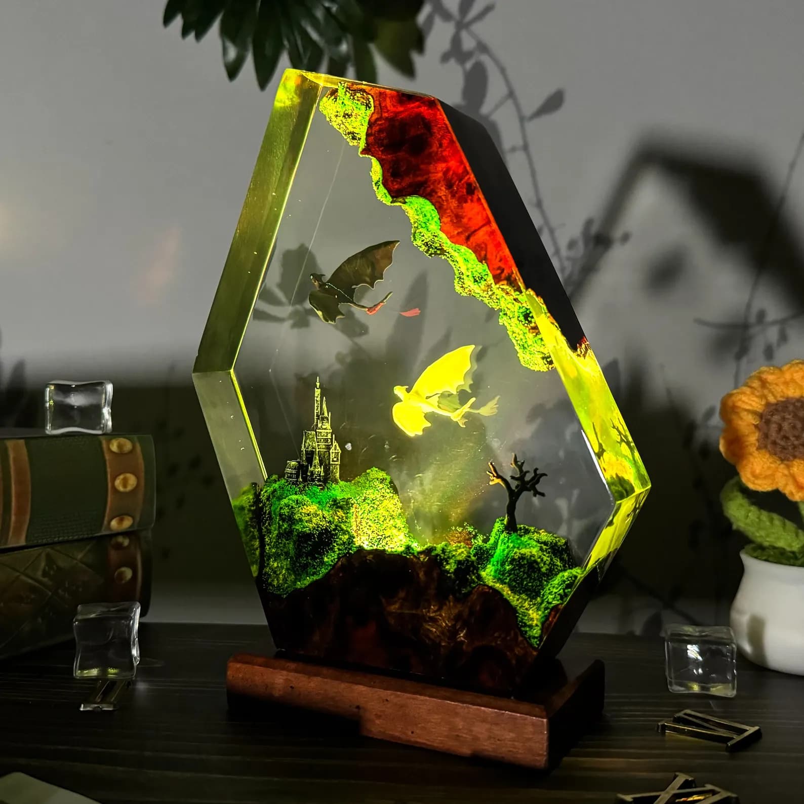 Fantasy Dragon Resin Lamp • LED Crystal Night Light with Castle & Flying Dragons • Handmade Art Decor 8