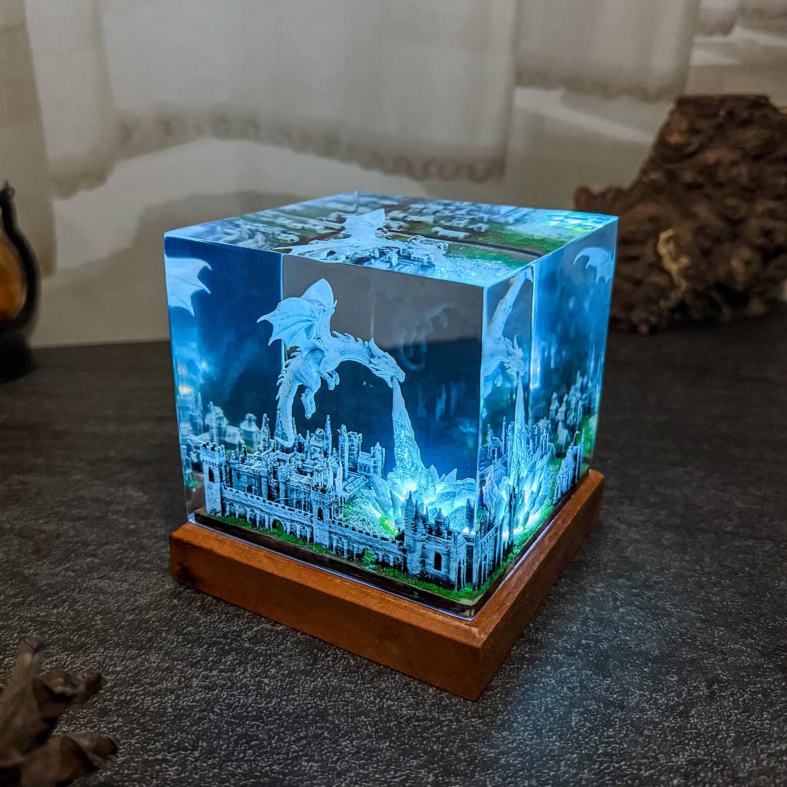 Dragon Ice resin epoxy lamp, 3D ice breath dragon epoxy night light, handmade table lamp, home decor, Gift for him, father, unique gift. 3