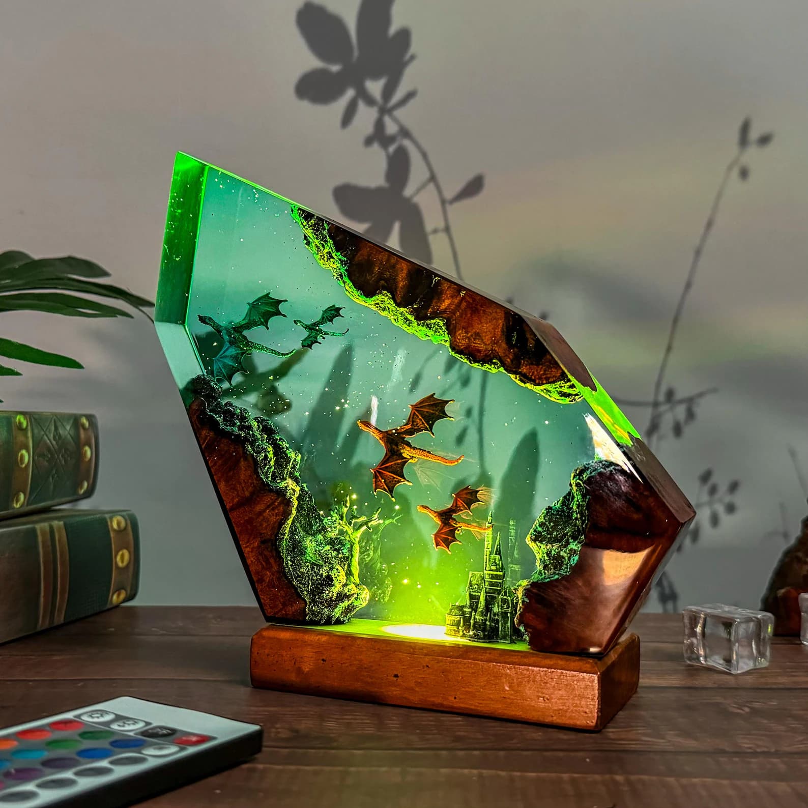 Handmade Fire & Ice Dragon Lamp : 3D Resin Wood Decor , Fantasy LED Light Gift 3