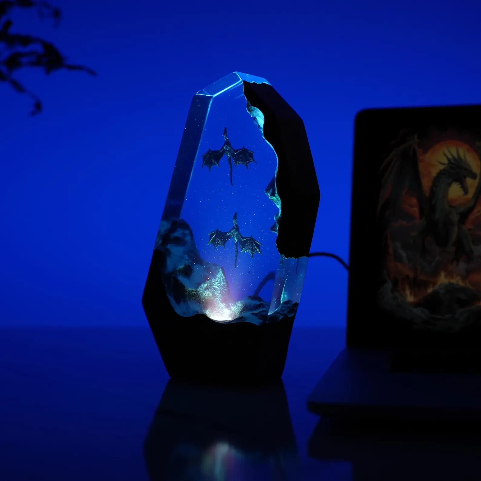 Fire & Ice Dragon Resin Wood Lamp – Fantasy Dragon Night Light, Gamer Desk Decor, Unique Collector Gift 5