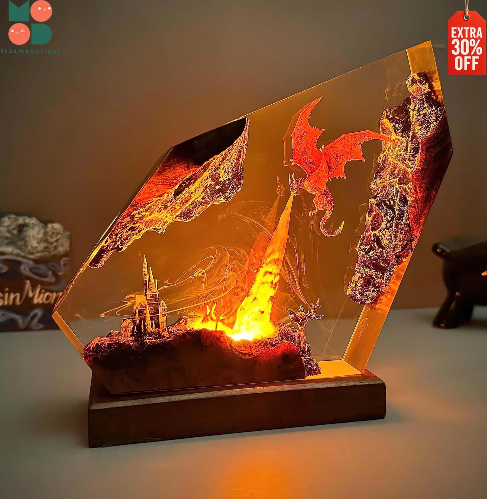 Fire breath dragon resin lamp, resin art, dragon art,dragon statue,table lamp,gift for him, gaming decoration, dragon lamp as Halloween gift 2