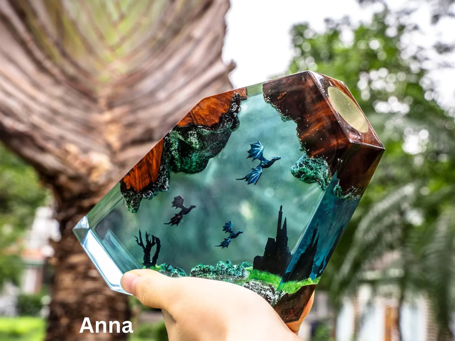 Dragon Resin Night Light: RGB LED Lamp, Wood Base 10