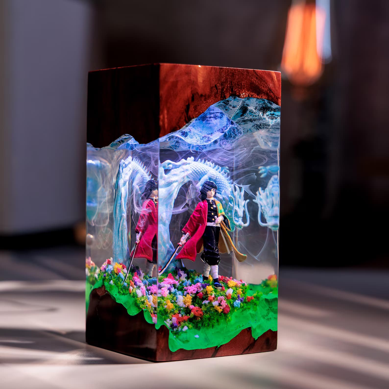 Handmade Anime Resin Diorama Lamp – Dragon and Swordsman Decorative Art Light, Custom Night Light, Table Lamp, Gift for Him, Christmas Gifts 1