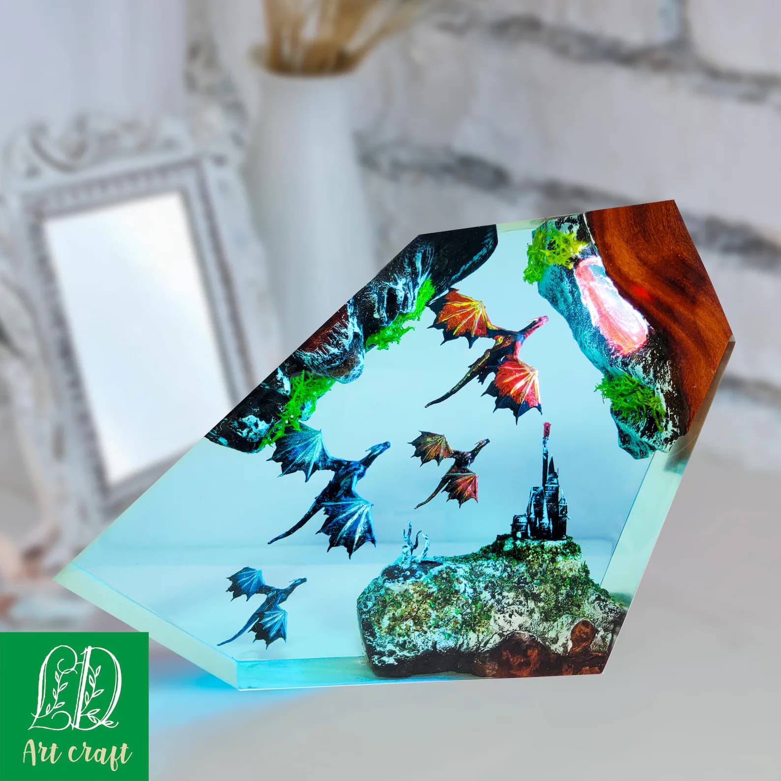 Handmade Dragon Resin Lamp: Fantasy Castle Epoxy Night Light, noel gift 1