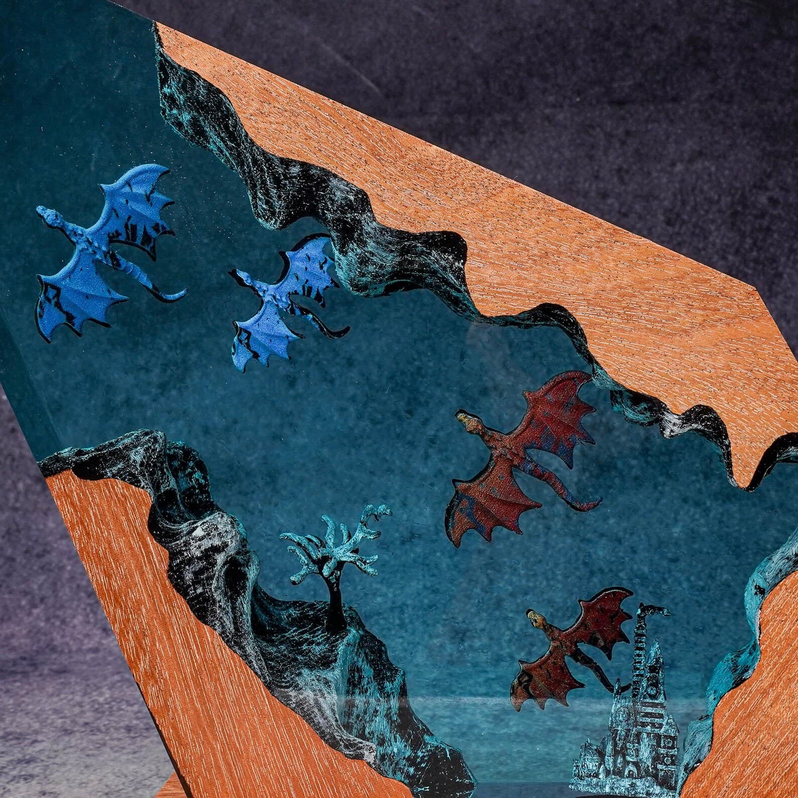 Handmade Dragon Lamp - Enchanted Castle in Resin and Wood - Room Decoration 11