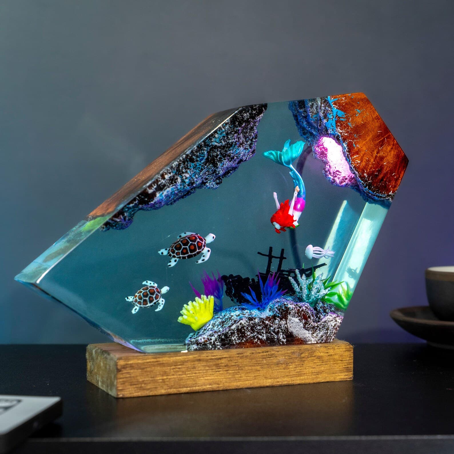 Mermaid Resin Lamp with Sea Turtles and Coral, Ocean Night Light Acrylic Art, Handmade Underwater Decor Gift for Kids and Ocean Lovers 8