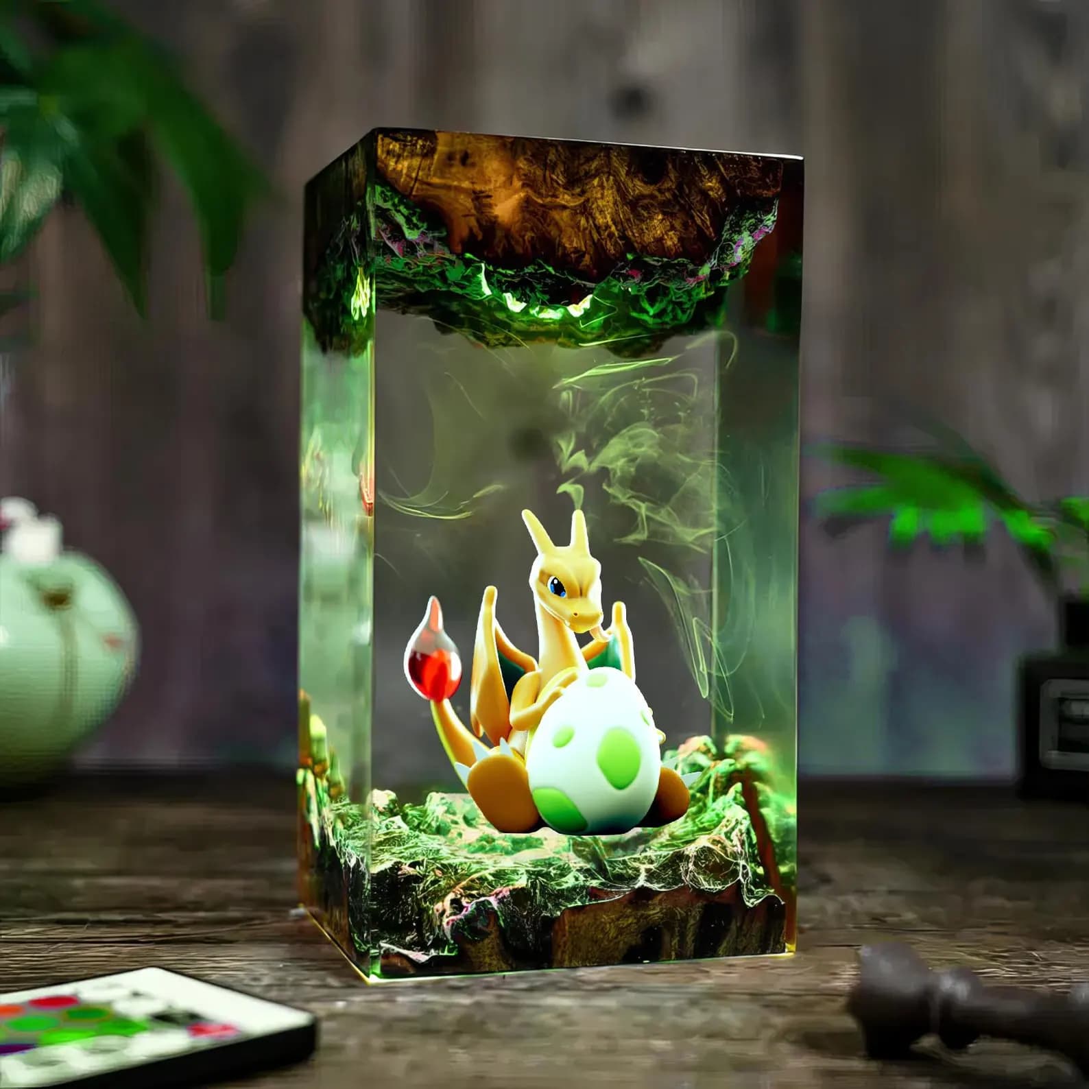 Charizard Resin Lamp, Custom Epoxy Diorama Lamp, Handcrafted Decoration Wood Lamp, Personalized Gift for Decor Home, Gaming Decor 2