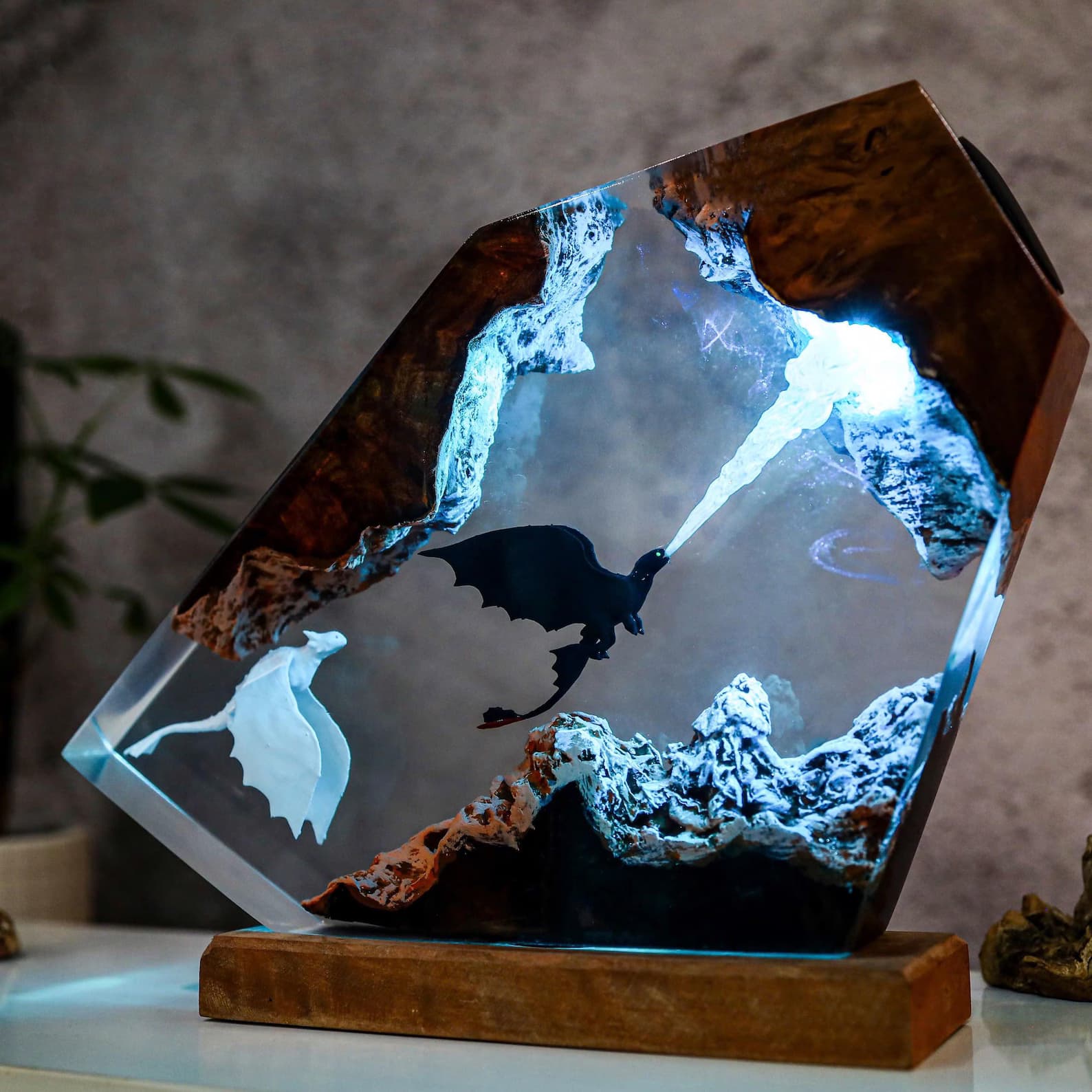 Blaze of the Night | Toothless & Light Fury Fantasy Lamp in Wood Resin epoxy Lamp Breath of the Night Fury Dragon Lamp httyd art 7