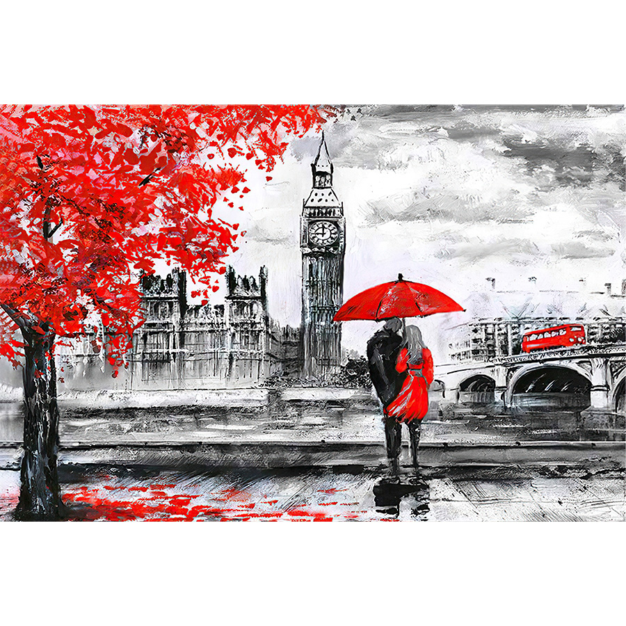 Black & White London Red Umbrella Hanging Canvas Wall Art